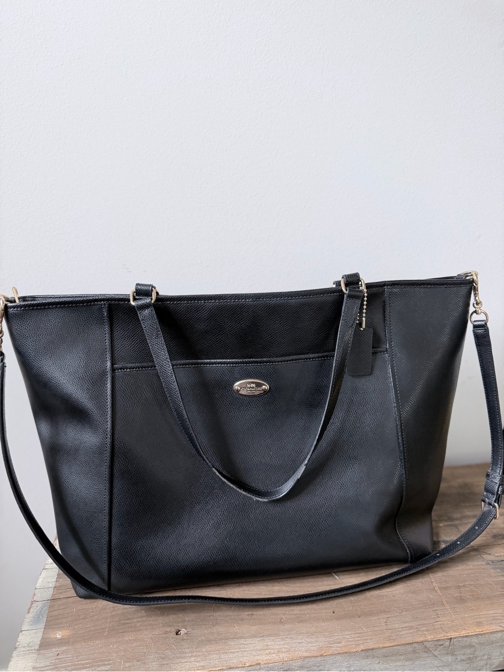 Large Coach Zip Top Tote Bag Textured Black Leather